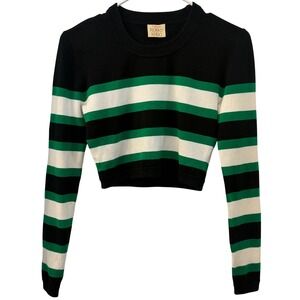 Torn by Ronny Kobo Black Green White Striped Cropped Long Sleeve Sweater Top M
